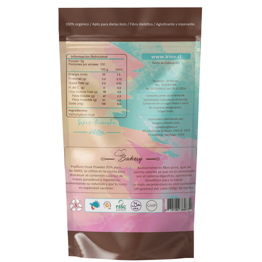 Psyllium Husk Orgánico en Polvo BioV 500gr Keto Vegano