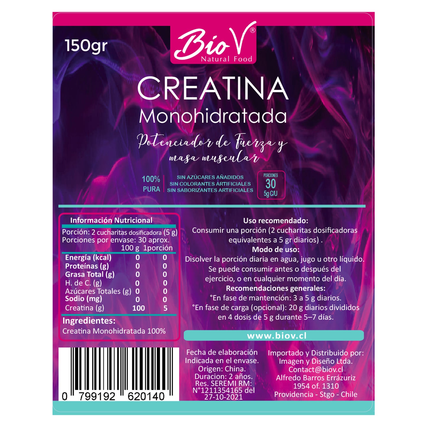 Creatina Monohidratada 150gr – Polvo Puro BioV Suplemento Deportivo y Energía Muscular