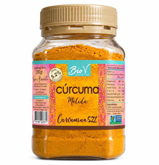 Cúrcuma BioV en Polvo 200 g – 5,2 % de Curcumina – Sin Gluten