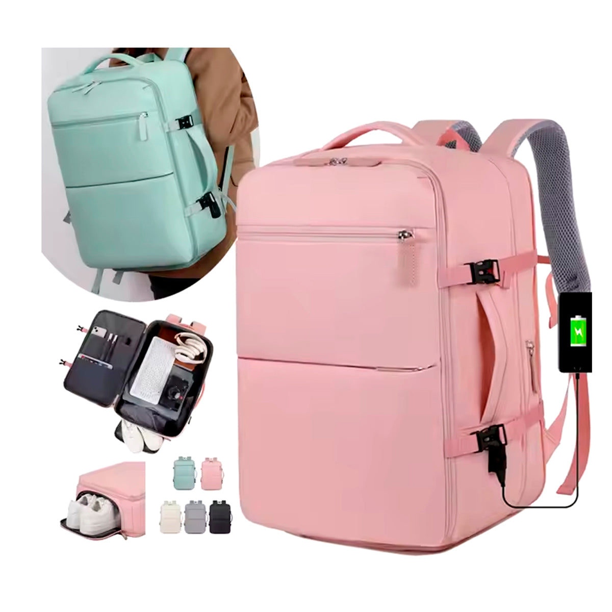 Mochila De Viaje Cabina Avión Original Viral TikTok 40L - Impermeable, Unisex, Con USB y Compartimento Para Zapatos