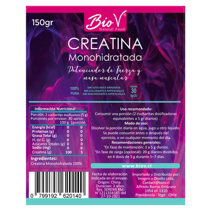 Creatina Monohidratada 150gr – Polvo Puro BioV Suplemento Deportivo y Energía Muscular