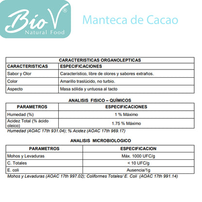 Manteca De Cacao Pura 500g 100% Natural Bio V
