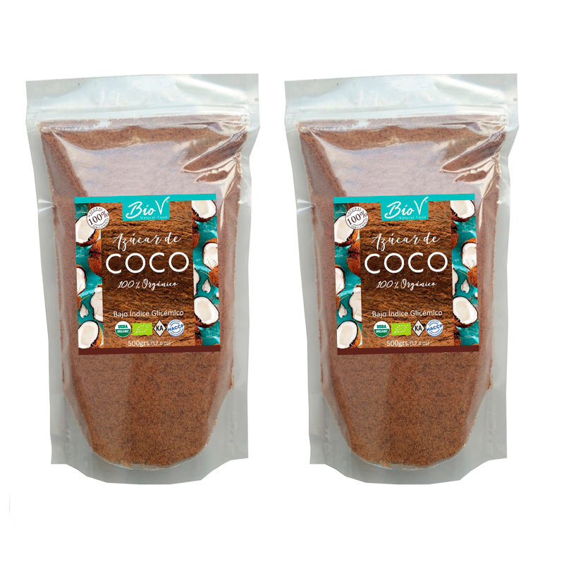 Pack de 2 azúcar de coco 500gr c/u, 1 kilo en total.